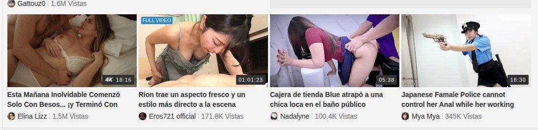 Fila de vídeos de xHamster en español con la duración, la etiqueta 4K y las visitas